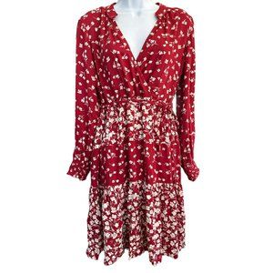 Fat Face Women's Red Poppy Floral V-Neck Tiered Dress US Size 8 Long Sleeve NWOT